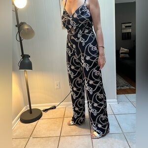 Women’s Black Chain-Print Wide-Leg Jumpsuit